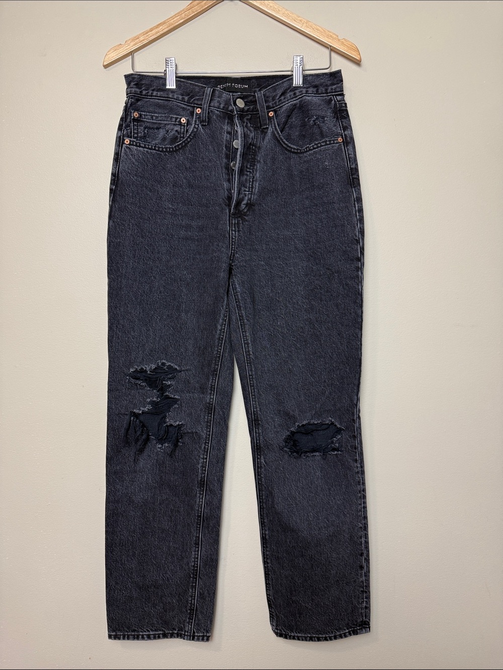Denim Forum High-Rise Black Distressed Jeans size 27